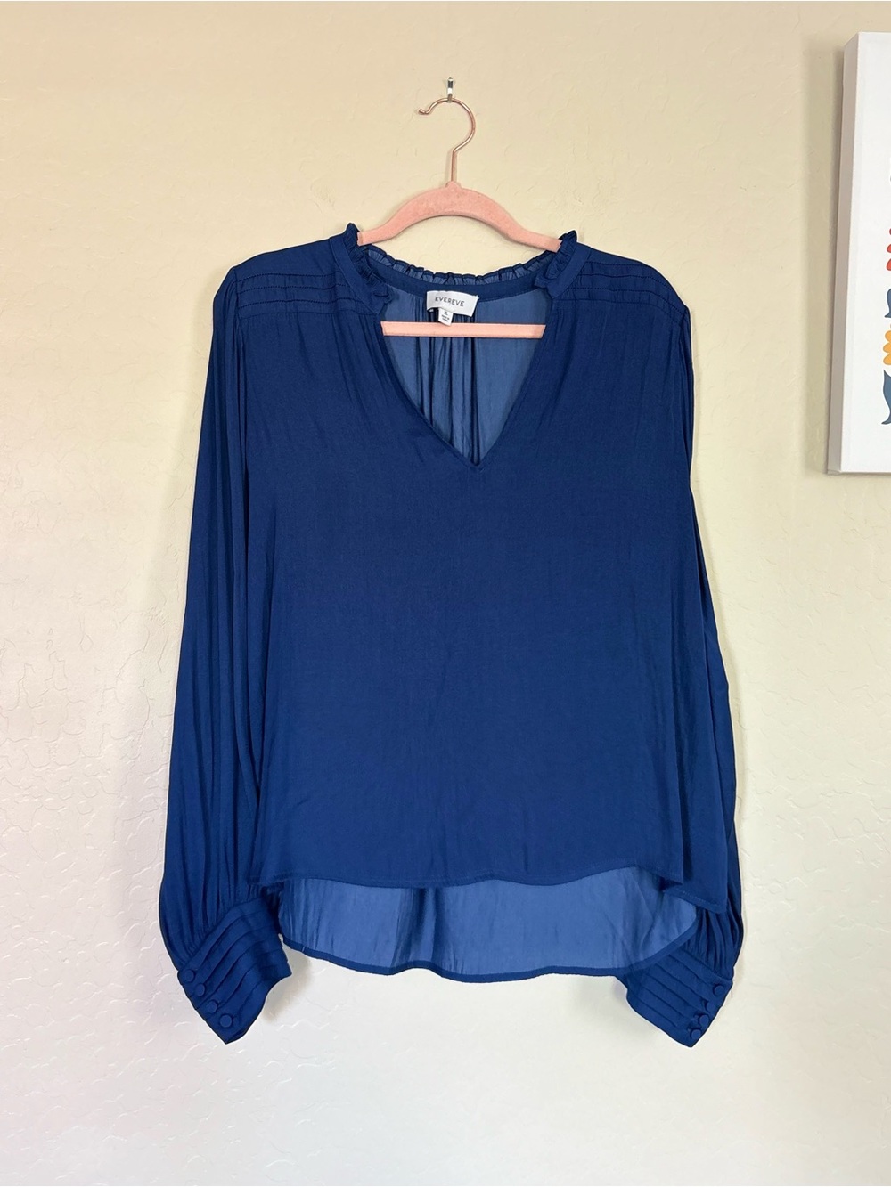 Evereve Blue Satin Ruffle Collar Peasant Blouse Long Sleeve XL Boho Minimalist